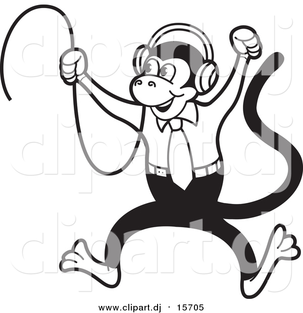 Vector Clipart of a Black and White Monkey Jumping and Wearing Headphones