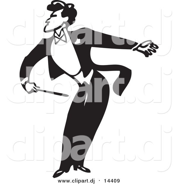 Vector Clipart of a Black and White Music Conductor Facing Left, Bending and Holding an Arm Back