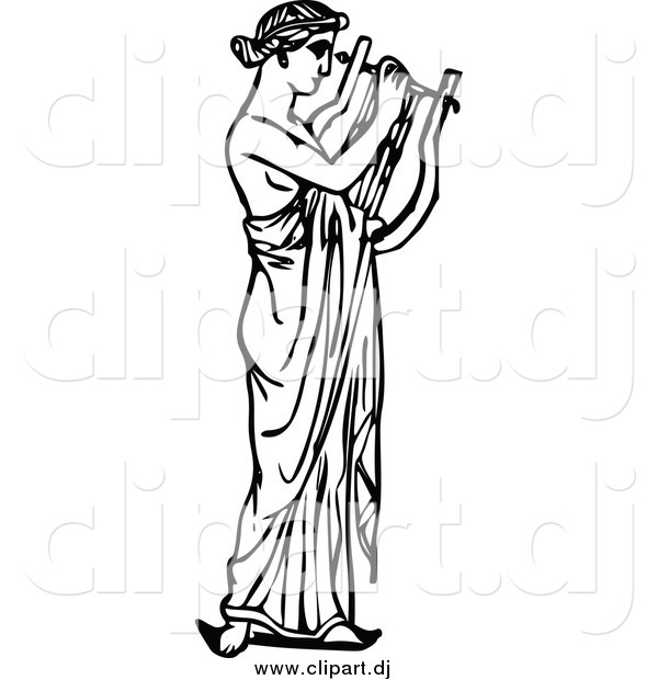 Vector Clipart of a Black and White Musican Playing a Harp