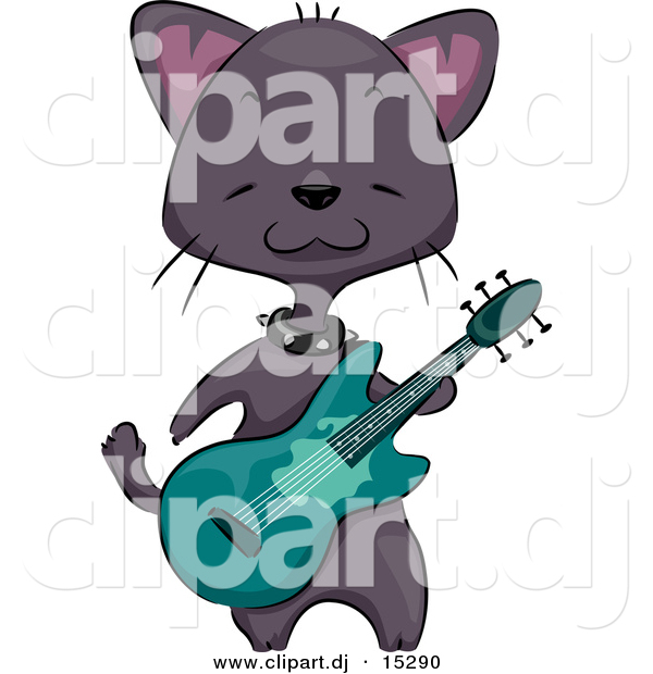 Vector Clipart of a Black Cartoon Cat Playing Green Guitar