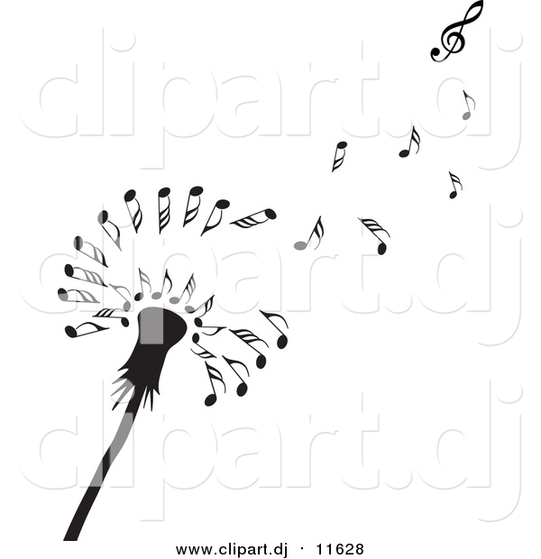 Vector Clipart of a Black Dandelion Seedhead with Music Notes