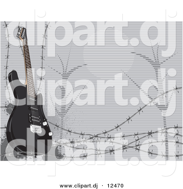 Vector Clipart of a Black Electric Guitar Featured with Barbed Wire and a Night Scene in the Background