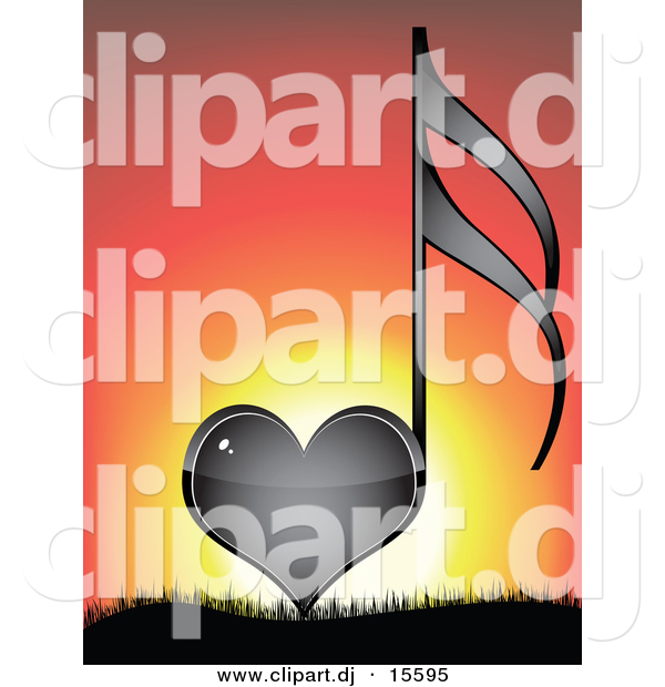 Vector Clipart of a Black Love Heart Music Note Against a Sunset Background