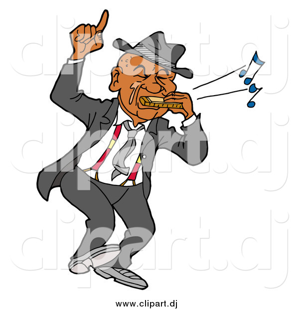 Vector Clipart of a Black Man Dancing and Playing Blues on a Harmonica