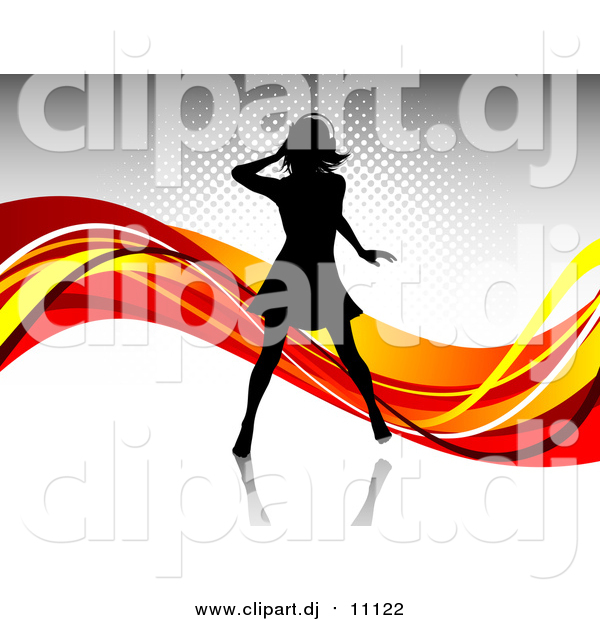 Vector Clipart of a Black Silhouetted Woman Wearing Headphones and Dancing over a Gray Background with Waves of Orange, Red and Yellow