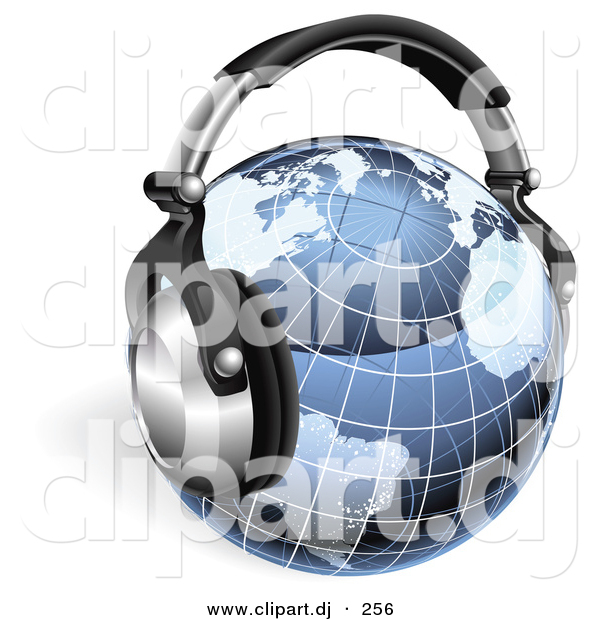 Vector Clipart of a Blue Grid Globe Wearing Wireless Headphones