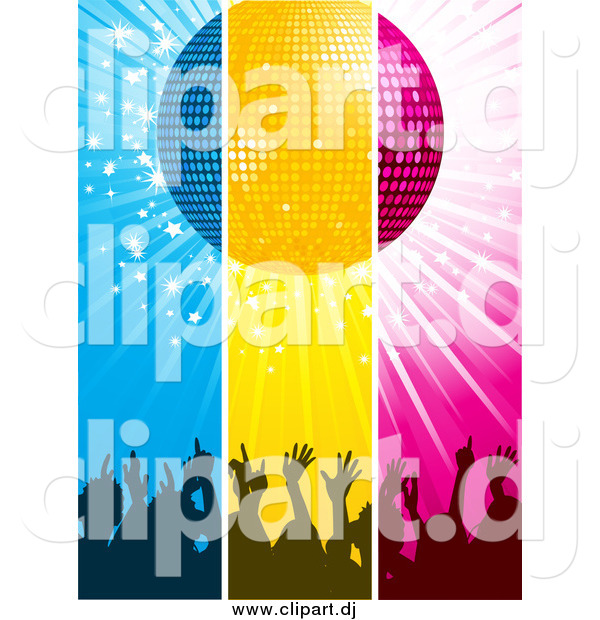 Vector Clipart of a Blue, Yellow and Pink Panels of Silhouetted Concert Crowd Hands Under a Disco Ball