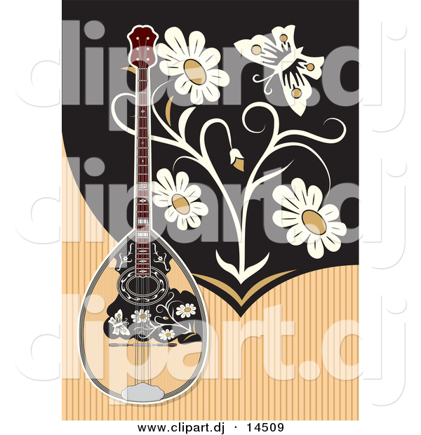 Vector Clipart of a Bouzouki with Flowers and a Butterfly