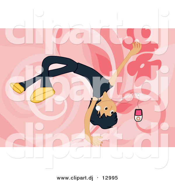 Vector Clipart of a Boy Listening to Music over Pink