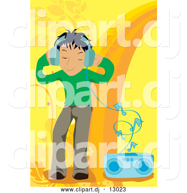 Vector Clipart of a Boy Listening to Music over Yellow and Orange