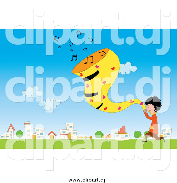 Vector Clipart of a Boy Singing in a Field by a Village