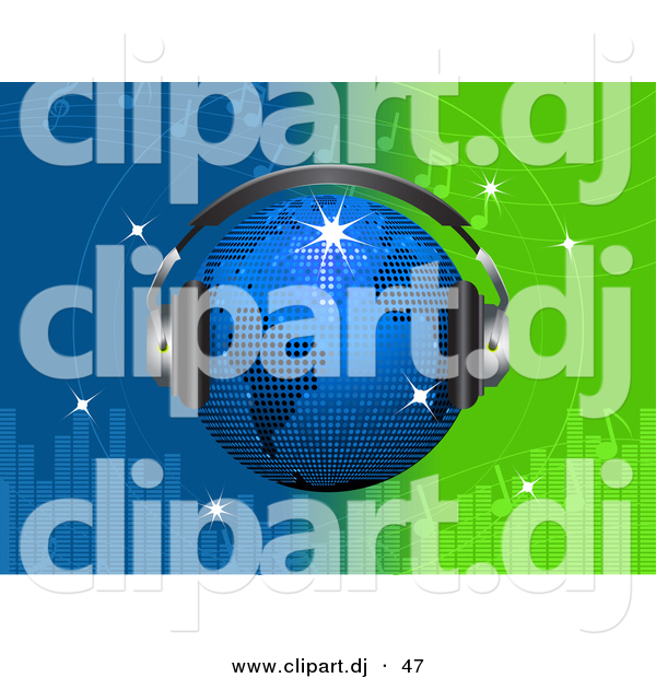 Vector Clipart of a Bright Blue Disco Globe Wearing Headphones over a Green and Blue Equalizer Background