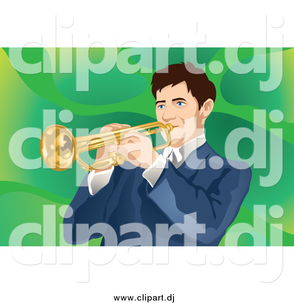 Vector Clipart of a Brunette White Man Playing a Trumpet, over Green