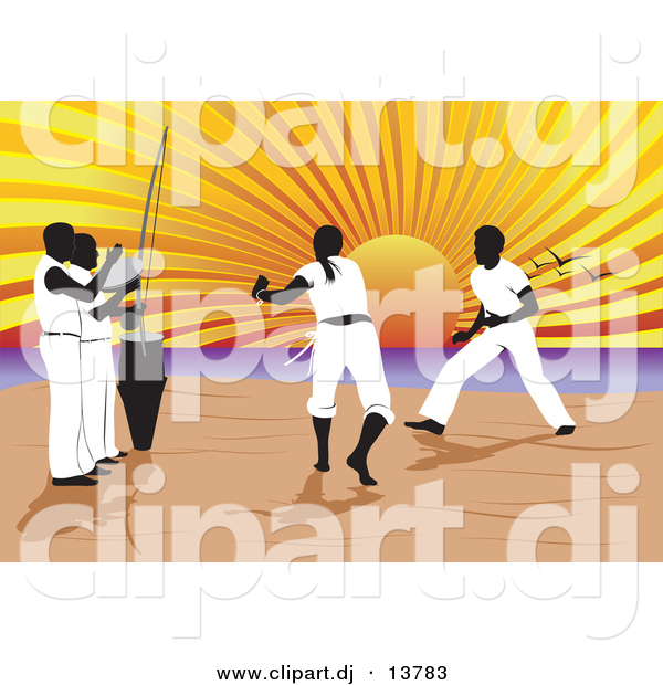 Vector Clipart of a Capoeira of Music and Martial Arts on a Beach with Sun Setting in Background