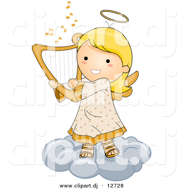 Vector Clipart of a Cartoon Angel Girl Playing Harp While Standing on a Cloud