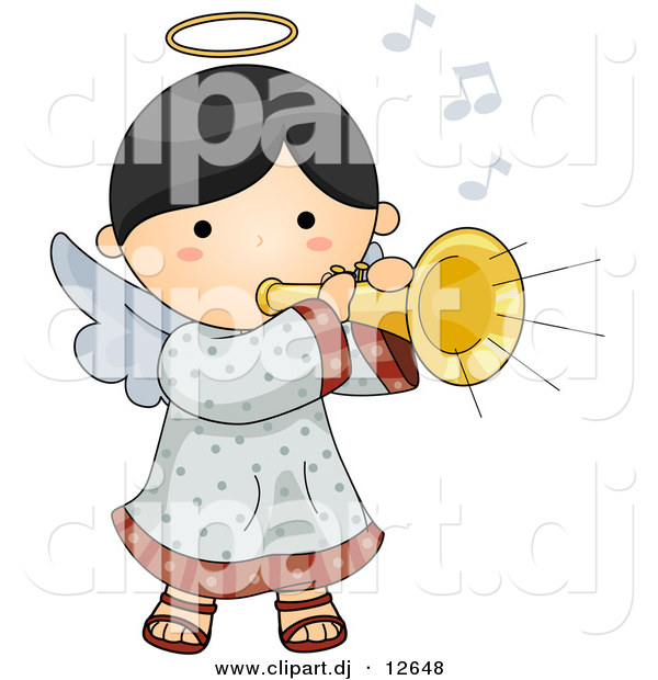 Vector Clipart of a Cartoon Angel Playing Musical Horn Instrument