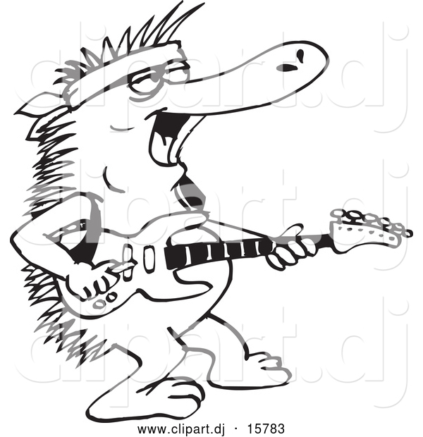 Vector Clipart of a Cartoon Australian Echidna Playing Guitar - Outline