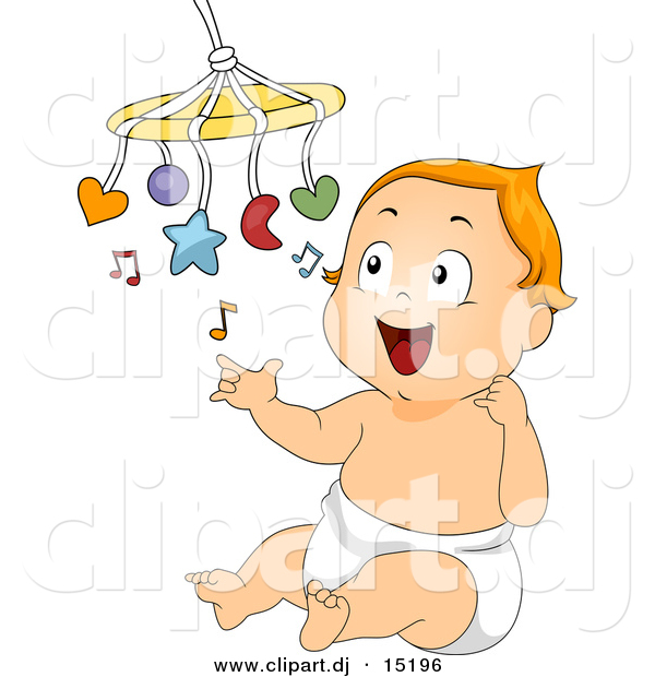 Vector Clipart of a Cartoon Baby Playing with a Mobile Music Toy
