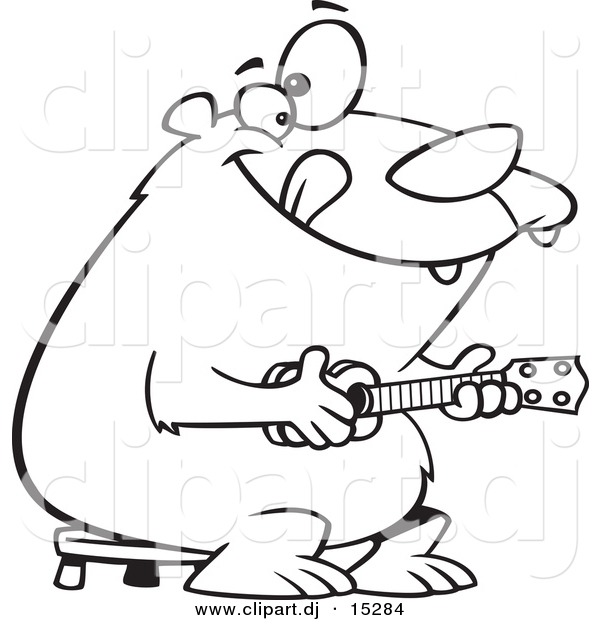 Vector Clipart of a Cartoon Bear Playing a Ukelele - Coloring Page Outline