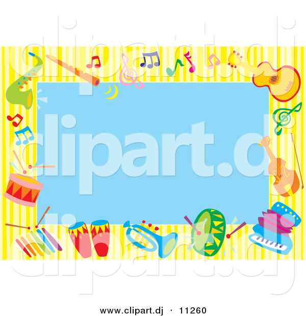 Vector Clipart of a Cartoon Blue Background Bordered by Colorful Music Instruments