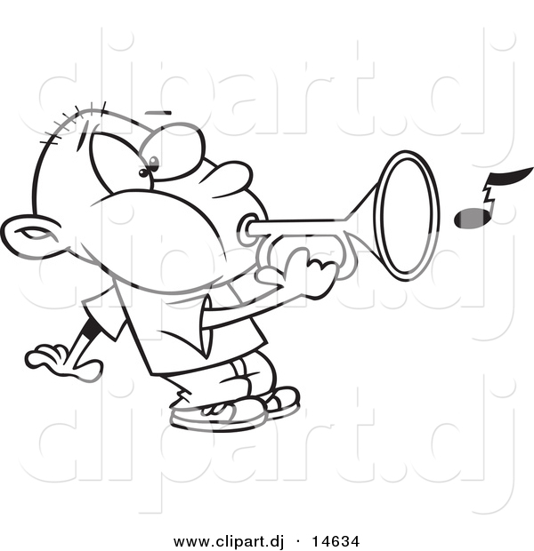 Vector Clipart of a Cartoon Boy Playing a Bugle - Coloring Page Outline