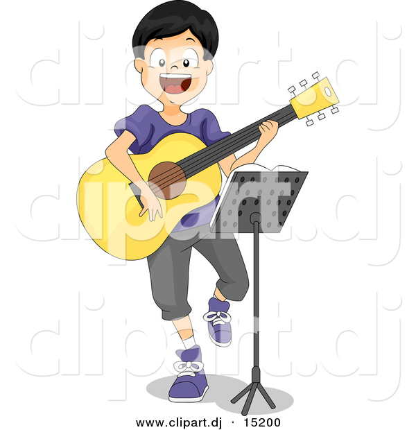 Vector Clipart of a Cartoon Boy Playing a Guitar While Sitting Behind a Stand with Sheet Music