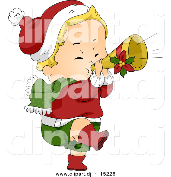Vector Clipart of a Cartoon Christmas Baby Playing a Trumpet