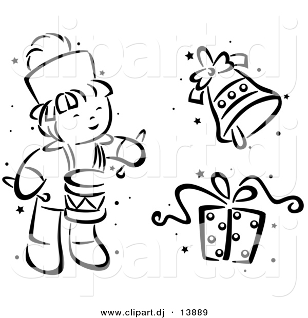 Vector Clipart of a Cartoon Christmas Drummer, Bell and Gift - Black and White Digital Collage