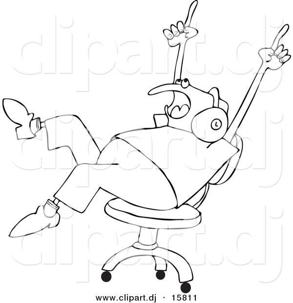 Vector Clipart of a Cartoon Chubby Man Rocking out to Music on an Office Chair - Outline Coloring Page Line Art