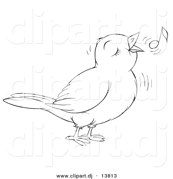 Vector Clipart of a Cartoon Cute Singing Bird - Outlined Coloring Page Art