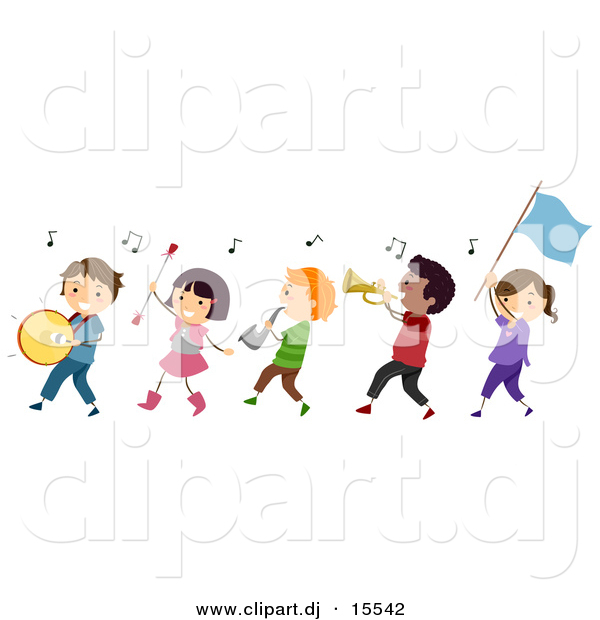 Vector Clipart of a Cartoon Diverse Marching Band Children