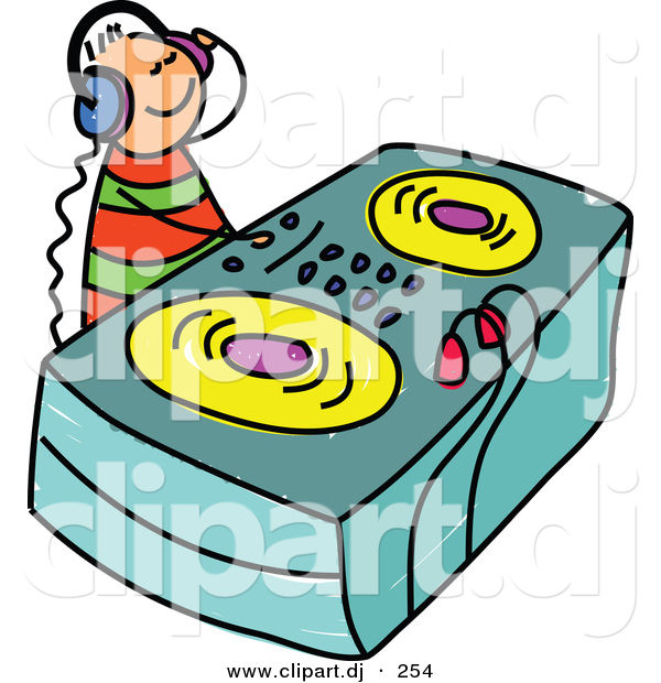 Vector Clipart of a Cartoon DJ Kid Wearing Headphones and Mixing Music