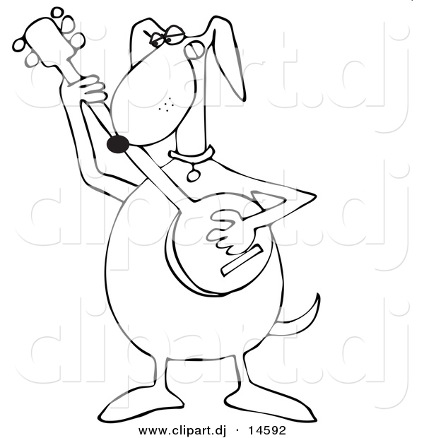 Vector Clipart of a Cartoon Dog Playing a Banjo - Outline Coloring Page Line Art