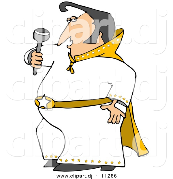 Vector Clipart of a Cartoon Elvis Impersonator Dancing and Singing with a Microphone
