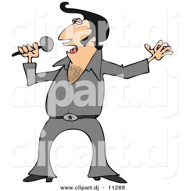 Vector Clipart of a Cartoon Elvis Impersonator Singing with Mic