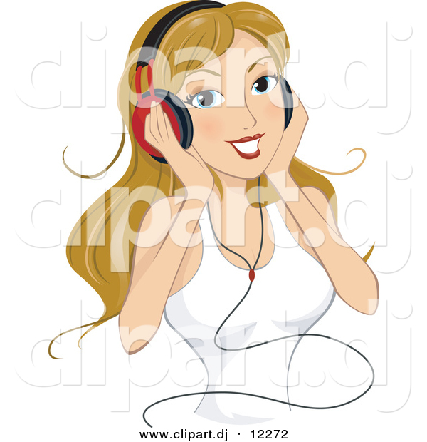 Vector Clipart of a Cartoon Girl Listening to Music Through Headphones While Smiling