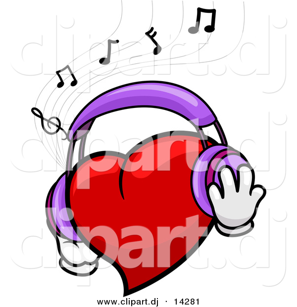 Vector Clipart of a Cartoon Heart Character Wearing Headphones While Listening to Music