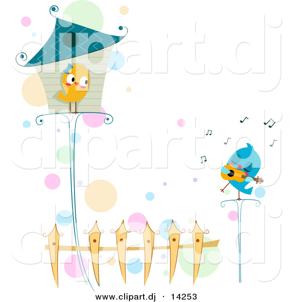 Vector Clipart of a Cartoon Love Bird Singing to Female Standing Outside House