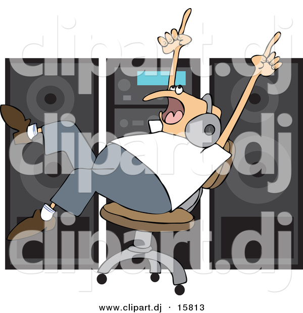 Vector Clipart of a Cartoon Man Dancing in a Chair While Listening to Music in Front of Big Speakers