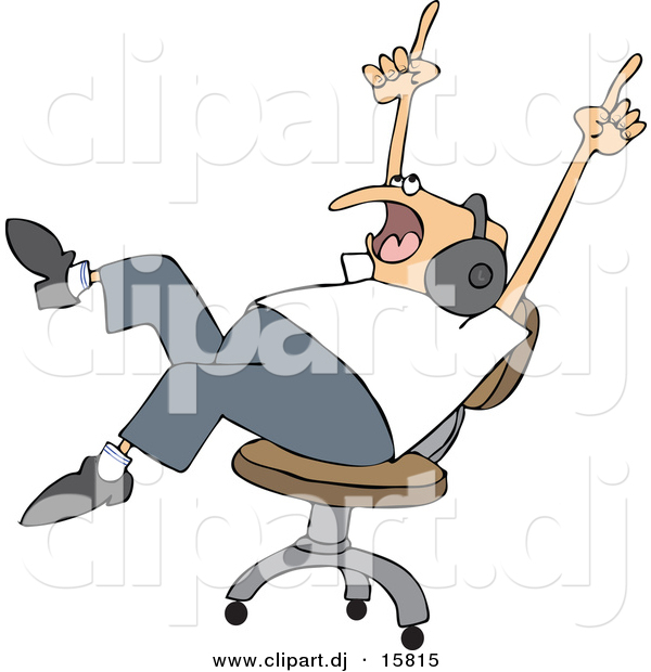 Vector Clipart of a Cartoon Man Wearing Headphones While Rocking out on a Chair