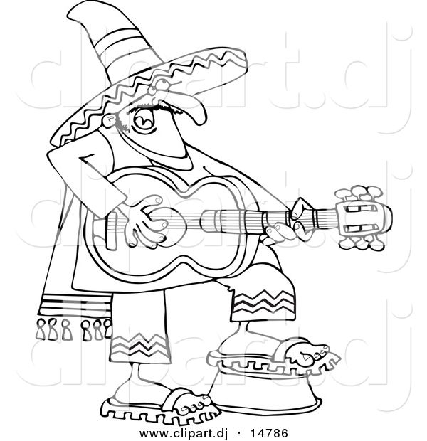 Vector Clipart of a Cartoon Mexican Guitarist - Outline Coloring Page Line Art