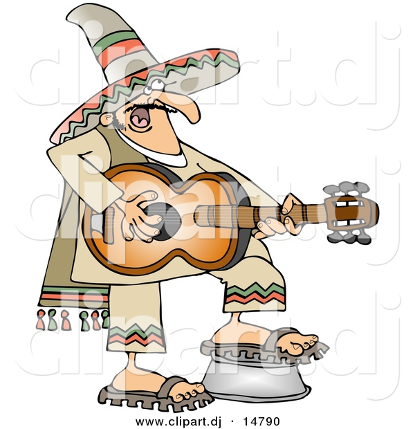 Vector Clipart of a Cartoon Mexican Guitarist Playing Guitar