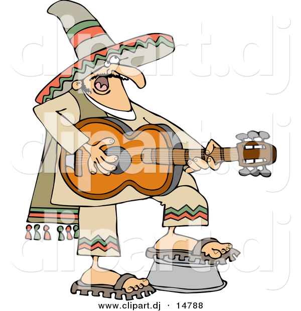 Vector Clipart of a Cartoon Mexican Guy Playing a Guitar