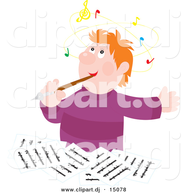 Vector Clipart of a Cartoon Music Composer Writing and Thinking