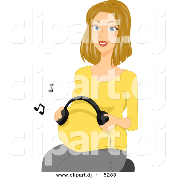 Vector Clipart of a Cartoon Pregnant Girl Using Headphones to Play Music to Her Baby