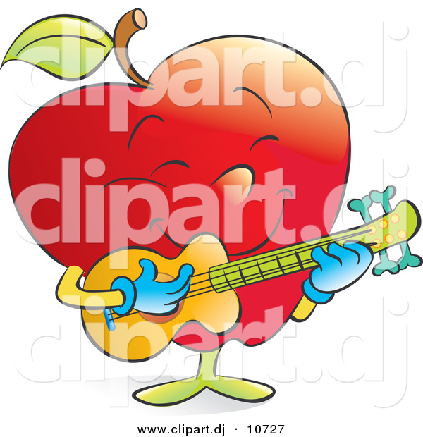 Vector Clipart of a Cartoon Red Apple Strumming a Musical Guitar