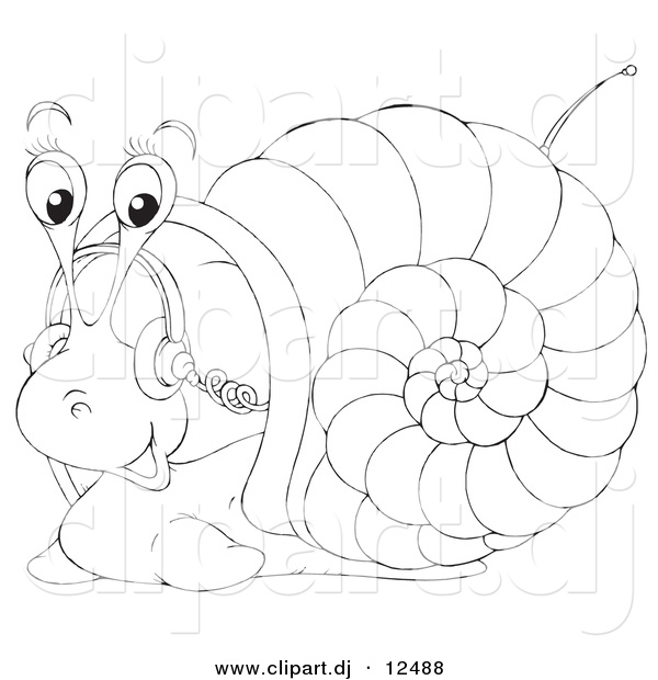 Vector Clipart of a Cartoon Snail Listening to Music with Headphones - Outlined Coloring Page Art