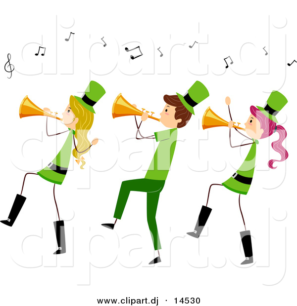 Vector Clipart of a Cartoon St. Patrick's Day Stick People Playing Trumpet Horns