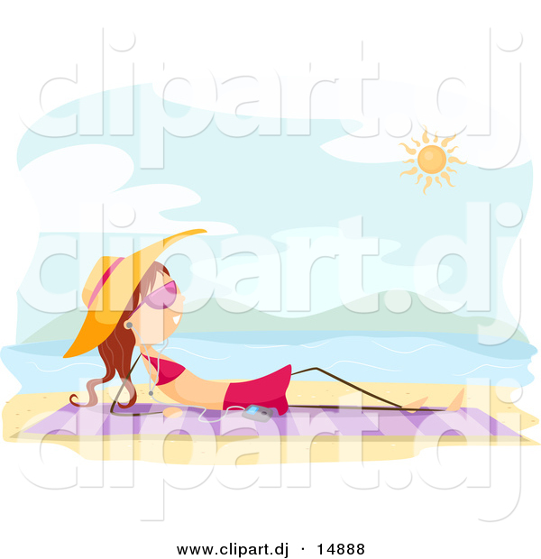 Vector Clipart of a Cartoon Stick Girl Listening to Music While Sun Bathing on a Beach