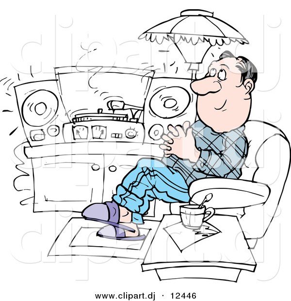 Vector Clipart of a Cartoon White Man Relaxing in a Chair and Listening to Music
